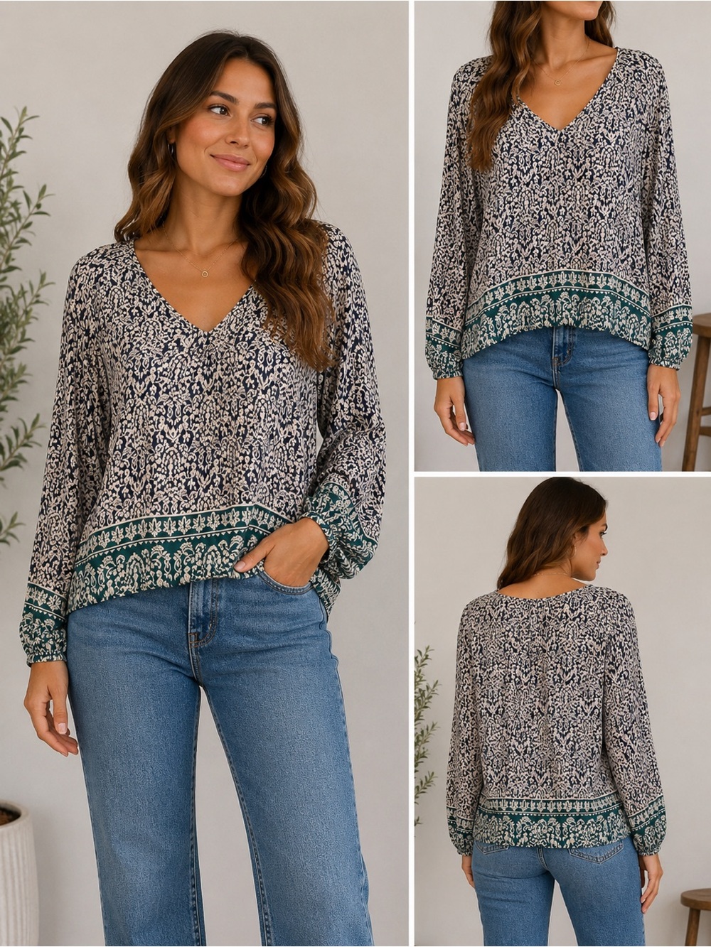 Lucky Brand V-Neck Printed Blouse in Navy, Cream and Green